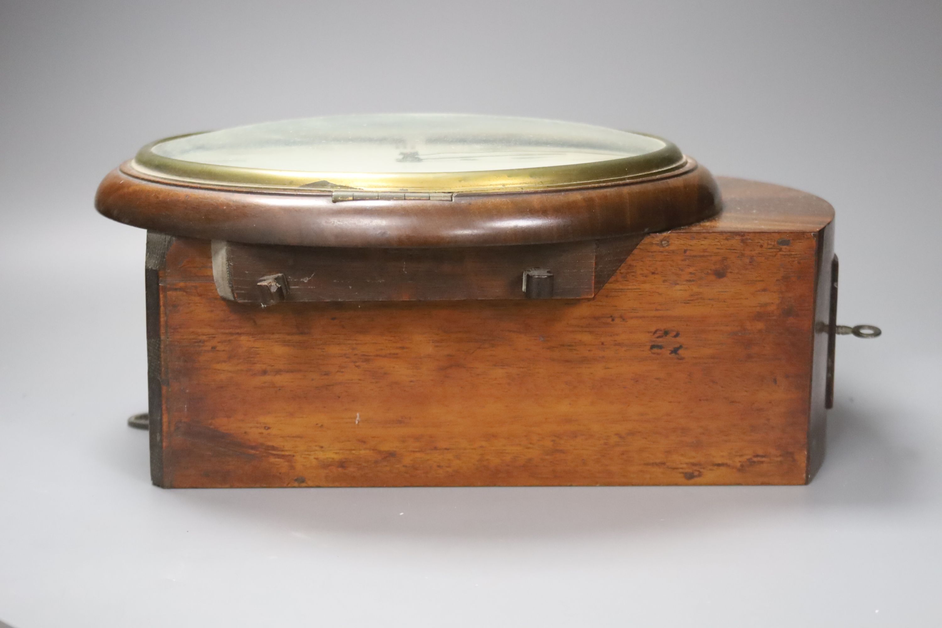 A 19th century single fusee mahogany cased wall clock, 33cm